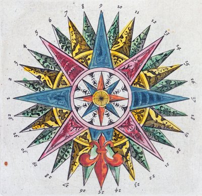 Compass Rose, fra et Blaue Atlas, udgivet i Amsterdam, 1697 af Dutch School