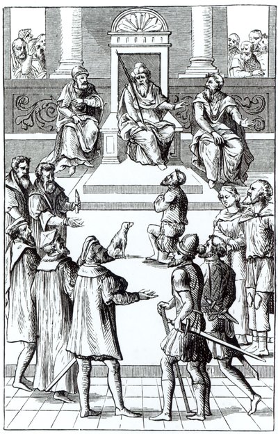 Tilståelse til ændring for domstolen, efter et træsnit i Praxis Rerum Criminalium af Joos de Damhouder (1507-81) udgivet Antwerpen, 1556 af Dutch School