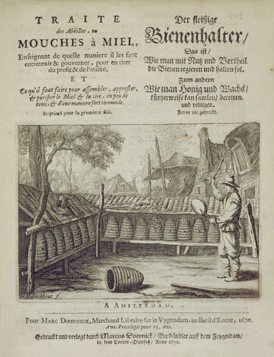 Omslag af Traite des Abeilles, ou Mouches a Miel... trykt på fransk og tysk, graveret af G.V.Eckhout, Amsterdam 1670 af Dutch School