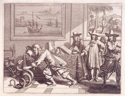 Beskæftiger sig med en kobra, der har invaderet de hollandske officersrum, 1672 af Dutch School