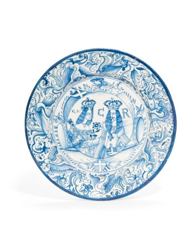 Delft blå og hvid kongelig dobbelt portrætoplader, ca. 1662-85 af Dutch School