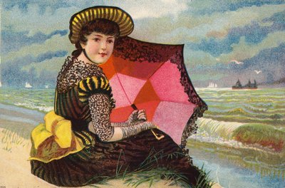 Hollandsk pige med parasol ved havet af Dutch School
