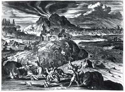 Jordskælv i Edo (Tokyo) i 1659, illustration fra Arnold Montanus