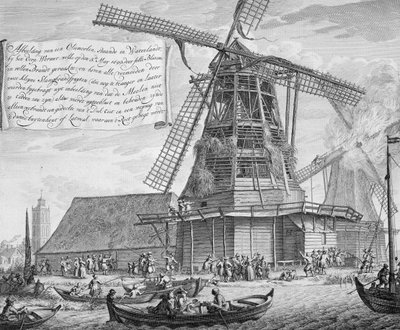 Bekæmpelse af brand i en vindmølle nær Worden, fra en bog om Brandbekæmpelse i Holland, udgivet ca. 1700 af Dutch School