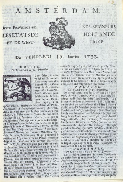 Forsiden af La Gazette dAmsterdam, 16. januar 1733 (trykt papir) af Dutch School