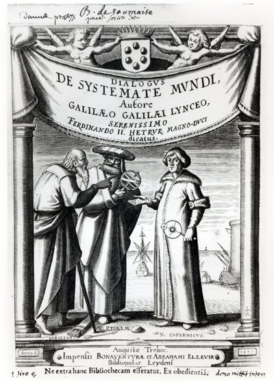 Frontispice af Dialogus De Systemate Mundi af Galileo (1564-1642), udgivet i Leyden 1635 af Dutch School