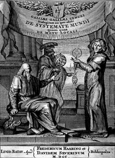 Frontispice af Dialogus De Systemate Mundi af Galileo, udgave udgivet i 1641 af Dutch School