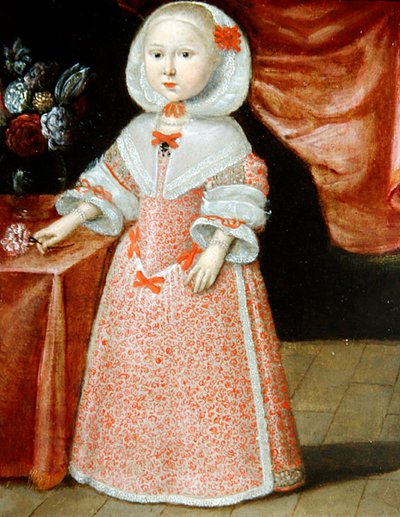Pige med en lyserød og hvid blomst, ca. 1640 (olie på kobber) af Dutch School
