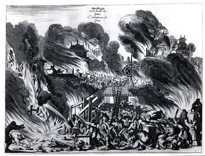 Stor brand i Yedo (Tokyo) i det 17. århundrede, illustration fra Arnold Montanus