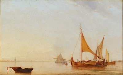Harboring Boats at Dawn (olie om bord) af Dutch School