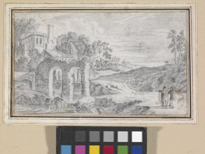 Italiensk landskab med ruiner (sort kridt på råhvidt papir) af Dutch School