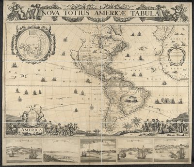 Kort over Amerika, Nova totius Americae Table, [med udsigt over] Panama, Caput S. Augustini, New Amsterdam, S. Frelser, Navn D. Gud. Tegnet af J. Mathysz af Dutch School