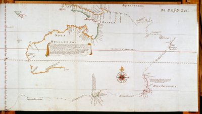Kartta New Hollandista, nykyisestä Australiasta, ja Uudesta-Seelannista, joka on tehty Abel Janszoon Tasmanin (1603-1659) ja Willem Janszoonin (1570-1630) matkojen aikana keräämistä tiedoista af Dutch School