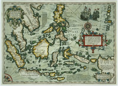 Kort over Østindien, pub. 1635 i Amsterdam (håndkoloreret gravering) af Dutch School