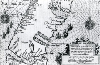 Kort over Magellan-strædet, plade fra Oliver van Noorts beskrivelse af hans rejse, 1602 af Dutch School