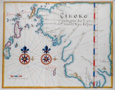 Kort over den sydlige del af øen Kyushu, Japan (pen og akvarel på papir) af Dutch School