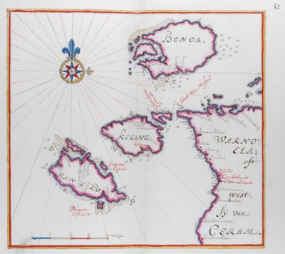 Kort, der viser en del af øen Ceram (Seram) og Bonoa (Boano-øen) og Kelang-øen og Manipa-øen. af Dutch School
