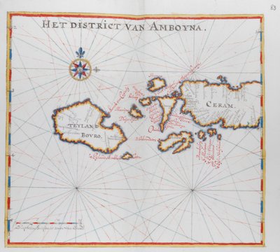Kort, der viser øerne Bouro og Ceram (Seram), Indonesien. af Dutch School