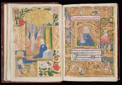 Ms 144, ff.13v-14r: Bebudelsen og Jomfru og Barn, miniaturer fra en Timebog, Brug af Utrecht, c.1500-20 (bladguld og guld & farvet blæk på pergament) af Dutch School