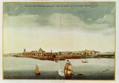 New Amsterdam, ca. 1650-53 (The Prototype View) brugt til frontispice til Stokes Iconography, bind 1, 1915 (farvet tryk) af Dutch School