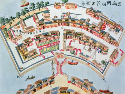 Plan over den hollandske fabrik på øen Desima i Nangasaki, fra Illustrationer af Japan af Isaac Titsingh (ca. 1740-1812), udgivet London, 1822 af Dutch School