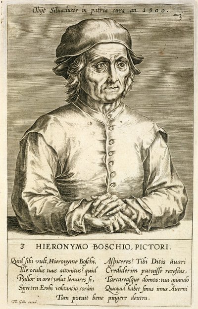 Portræt af Hieronymus Bosch (ca. 1450-1516) plade 3 i en serie portrætter af kunstnere, indgraveret af Theodor Galle (1571-1633) af Dutch School