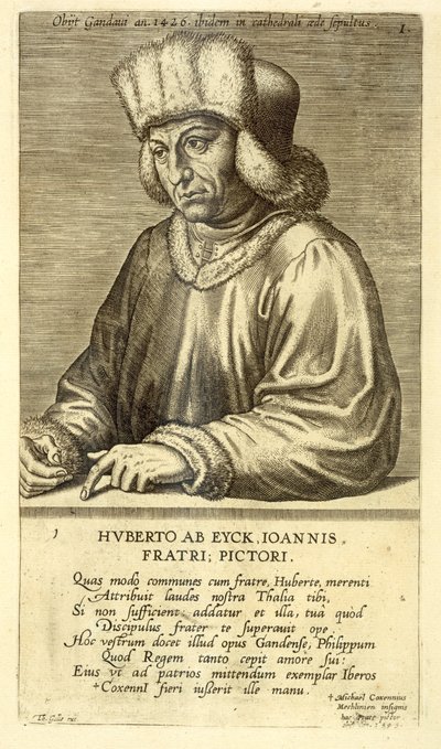 Portræt af Hubert van Eyck (1366-1426) plade 1 fra en serie portrætter af kunstnere, indgraveret af Theodor Galle (1571-1633) af Dutch School