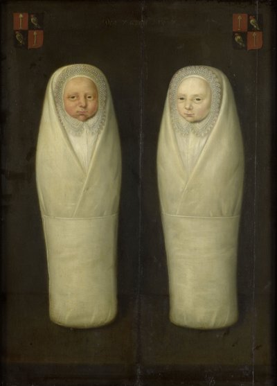 Portræt af svøbte tvillinger: De tidligt afdøde børn af Jacob de Graeff og Aeltge Boelens, ca. 1617 af Dutch School