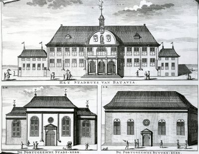 Portugisisk kirke og rådhus i Batavia, 1800-tallet, af Dutch School