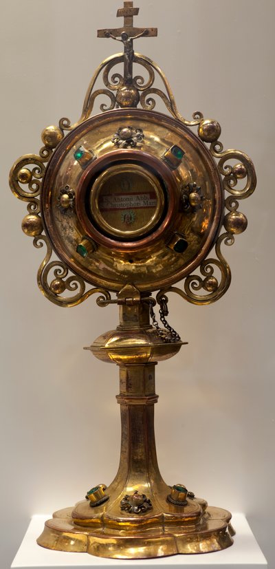 Relikvieskrin af Saint Antoine, Abbe og Saint Christophe, martyr, fremstillet i de sydlige lavlande, 1579, katedralens skattekammer, St. Michael og St. Gudula katedralen (metalværk) af Dutch School