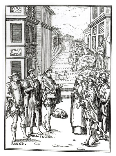 Salg af Town Crier, efter et træsnit i Praxis Rerum Civilium af Joos de Damhouder (1507-81) udgivet Antwerpen, 1557 af Dutch School