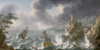 Forlis i en storm ud for en klippekyst af Dutch School