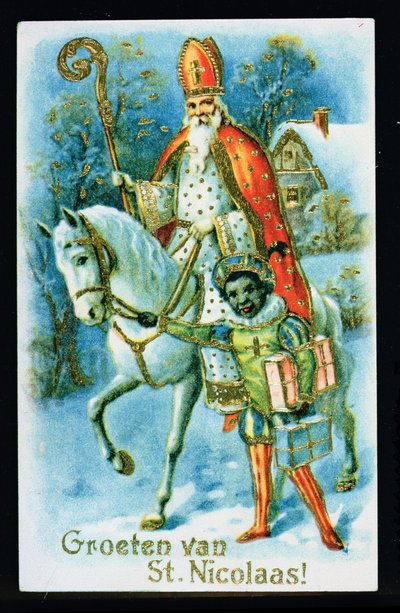 St.Nicholas og en sort hjælper, ca. 1890, hollandsk kort af Dutch School