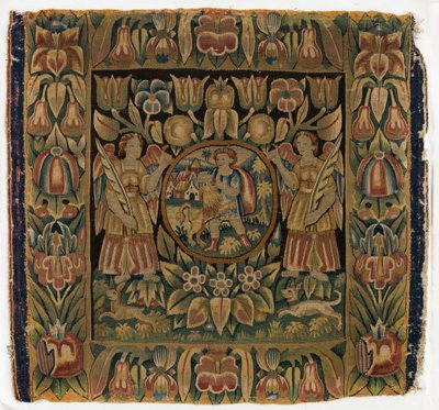 Tapestry, Samson and the Lion i rundel ophængt af to engle, lavet i Amsterdam, Holland eller Hamborg, Tyskland, begyndelsen af det 17. århundrede (uld) af Dutch School