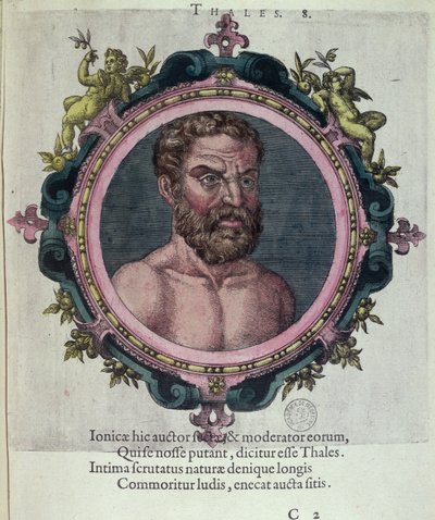Thales of Miletus (ca. 625-547 f.Kr.), illustration fra Ancient and New Physics and Philosophers
