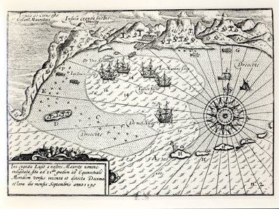 Viceadmiral Wybrandt Van Warwijcks-flotillens ankomst til Mauritius sydøstlige havn i september 1598 af Dutch School