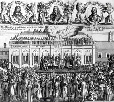 Halshugningen af kong Charles I (1600-49) 1649 (gravering) (bw foto) af Dutch School