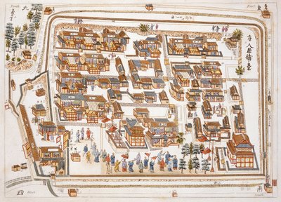 The Chinese Factory in the Street of Teng-chan i Nangasaki, grundlagt 1688, fra Illustrations of Japan af Isaac Titsingh (ca. 1740-1812), udgivet London, 1822 af Dutch School