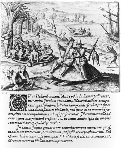 Hollænderne på Mauritius i 1598, indgraveret af de Bry af Dutch School