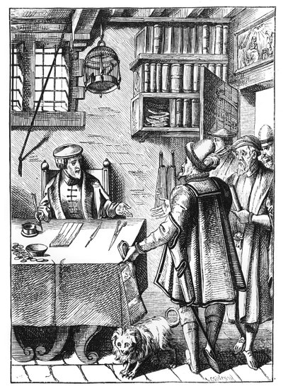 Skattemodtageren, efter et træsnit i Praxis Rerum Civilium af Joos de Damhouder (1507-81) udgivet Antwerpen, 1557 af Dutch School