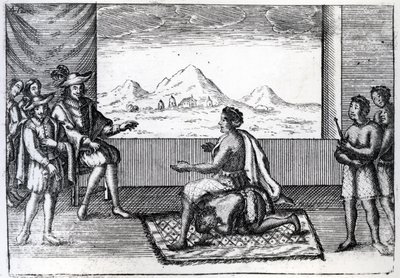 Mødet mellem dronning Nzinga af Ndongo og Joao Correia de Sousa, den portugisiske guvernør af Luanda, i 1622 (kobberstik) af Dutch School