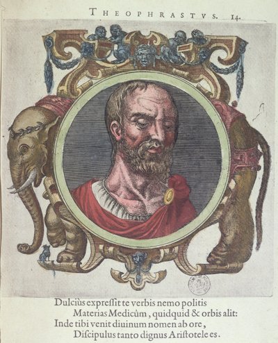 Theophrastus (ca. 372-287 f.Kr.), illustration fra Old and Recent Physics and Philosophers af Johannes Sambucus (1531-84), udgivet af Plantin i Leyden 1603 (farvestik) af Dutch School