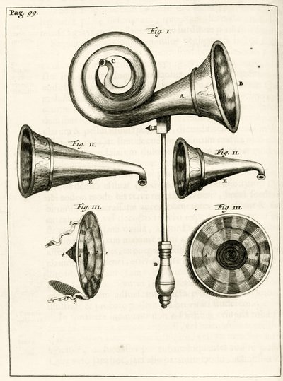 Forskellige høreapparater, fra The Practice of Medicine af Frederik Dekkers, 1694 af Dutch School