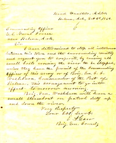 Brev fra E. A. Carr, Helena, Arkansas, til den øverstbefalende for de amerikanske flådestyrker nær Helena, Arkansas, 2. oktober 1862 af E.A. Carr
