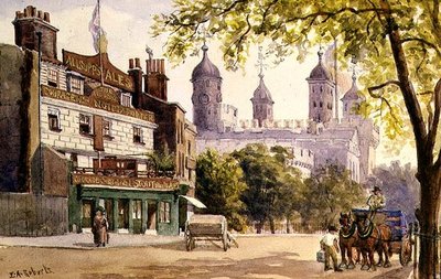 The Old George og Tower of London (akvarel) af E.A. Roberts