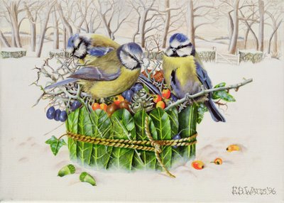 Blue Tits in Leaf Nest, 1996 (akryl på lærred) af E.B. Watts