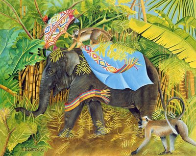 Elefant med aber og parasol, 2005 (akryl på lærred) af E.B. Watts
