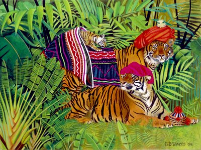 Tigerfamilie med thailandske tøj, 2004 (akryl på lærred) af E.B. Watts
