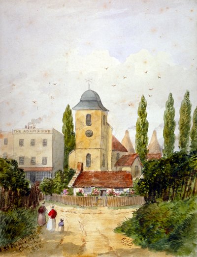 St Pancras Old Church og Adam and Eve Tavern, London, 1830. af EH Dixon
