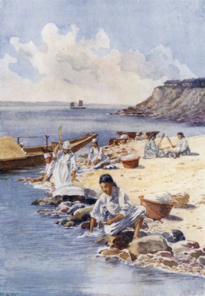 Koreanske kvinder vasker tøj i en flod (farve litho) af E.H. Fitchew